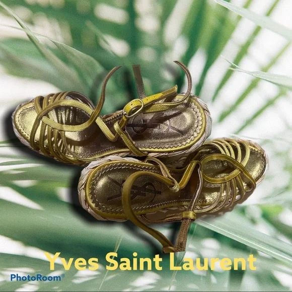 Saint Laurent Loulou Gold Wedge Sandals - Picture 2 of 12